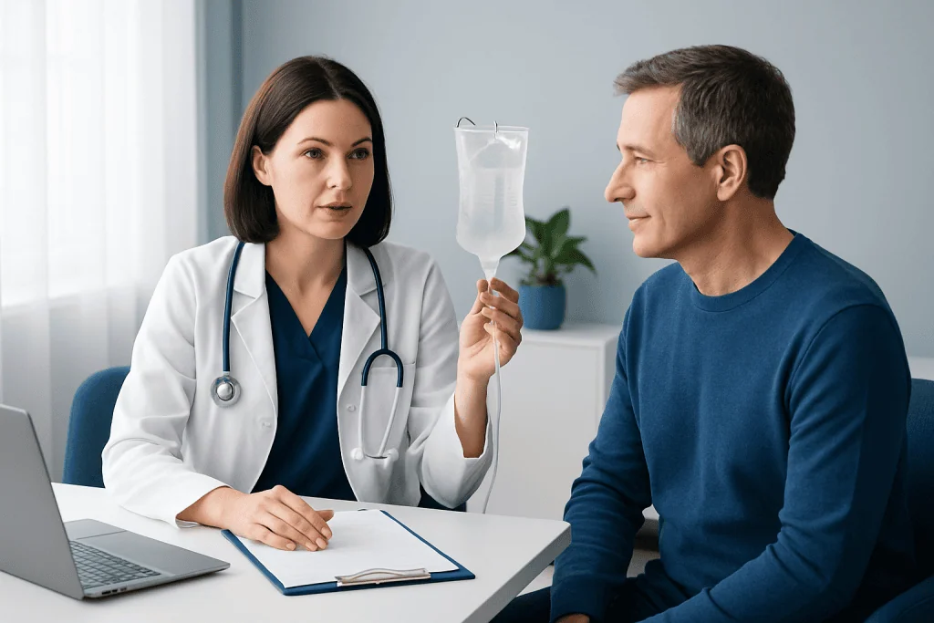 Doctor explains parenteral feeding to patient in hospital setting.