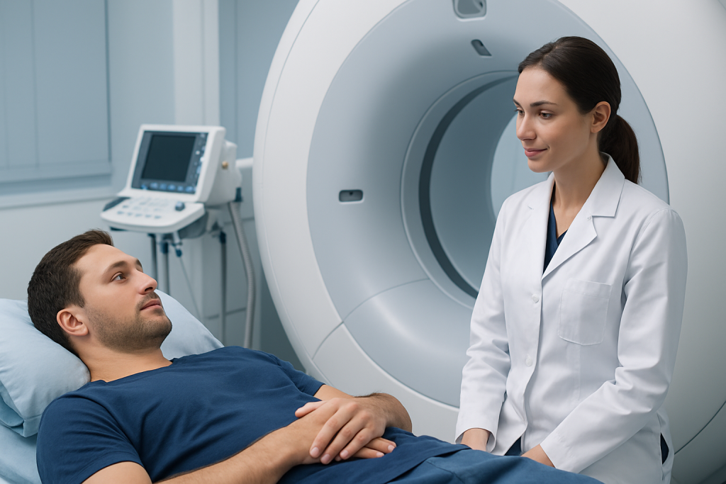 Medical professional consulting patient in MRI scan room at Acibadem Hospital.