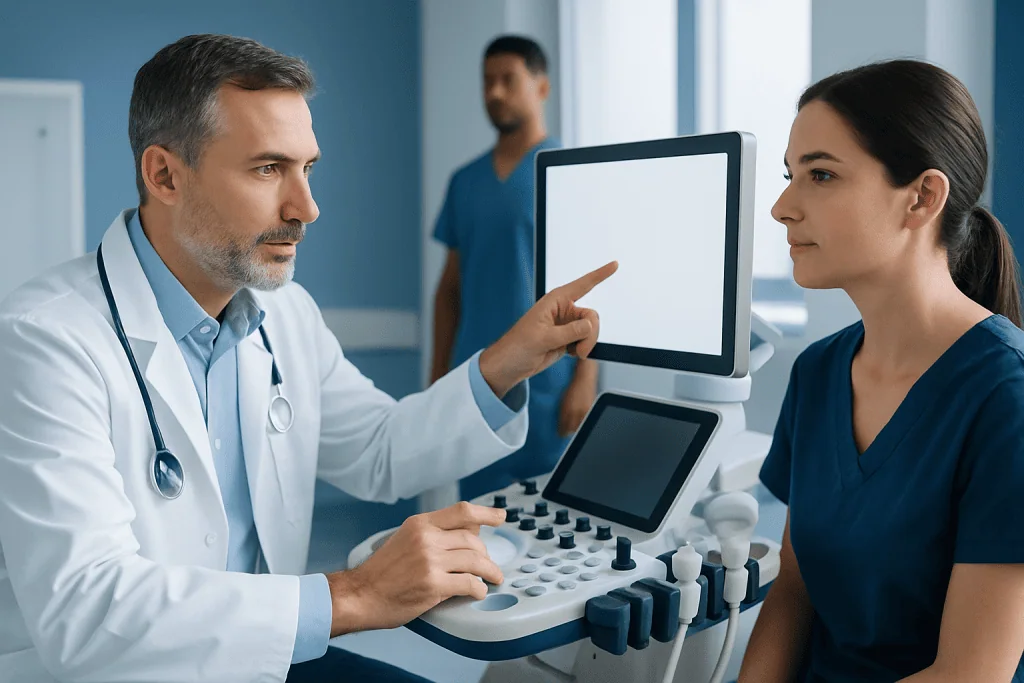 Doctor explaining ultrasound results to a female patient in a hospital setting.