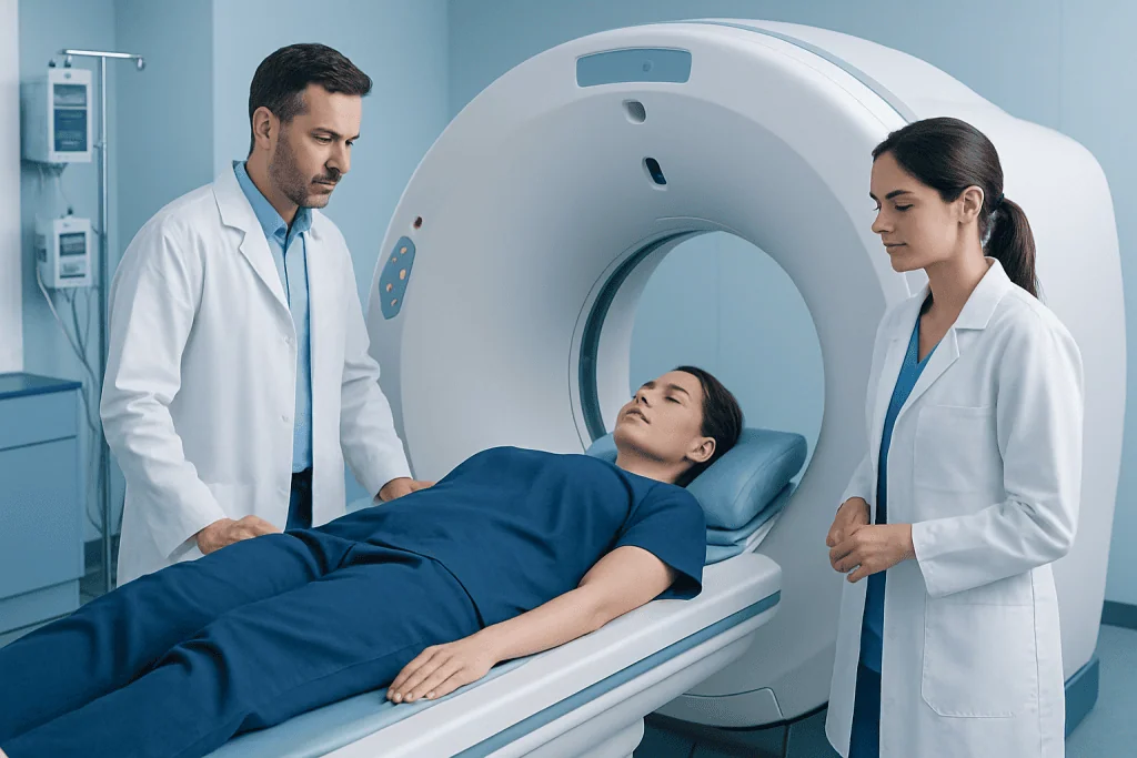 Medical professionals preparing a patient for an MRI scan at Acibadem Hospital.