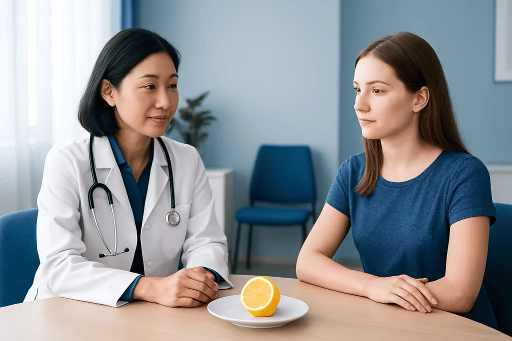 Doctor consulting with a patient in a medical office with lemon on the table.