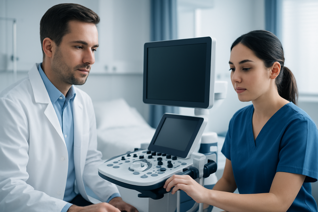 Doctor and nurse performing an ultrasound examination in a hospital setting.