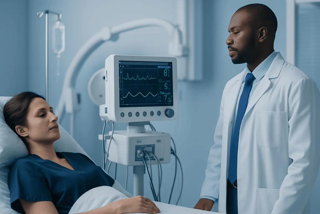Doctor monitoring patient in hospital room with medical equipment.