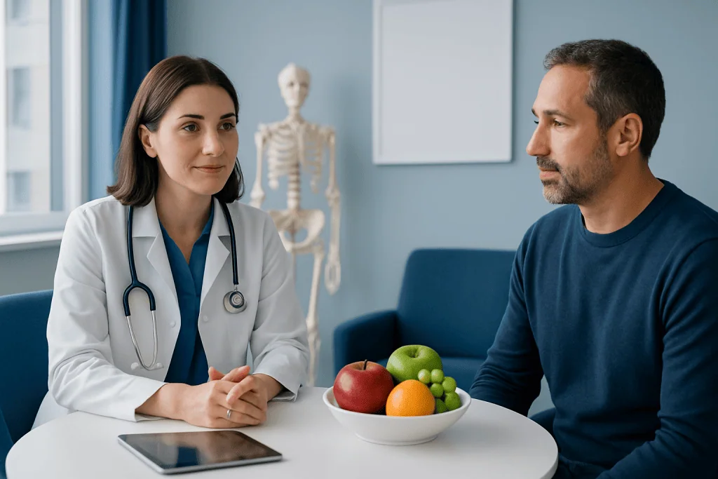 Doctor consulting with patient about bone health in a medical office.