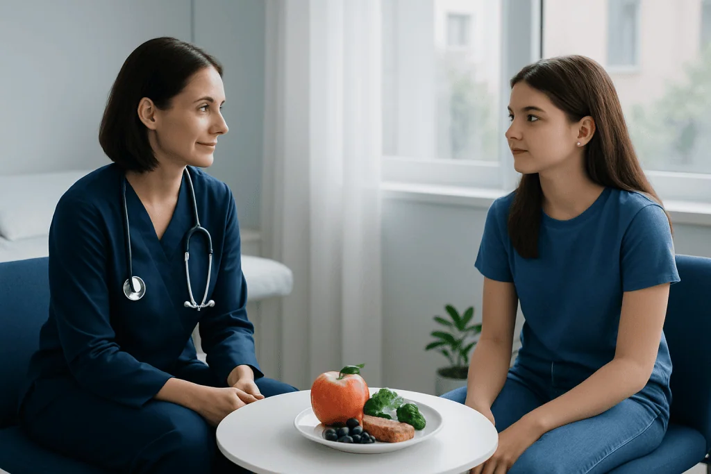 Doctor talking to teenage girl about healthy snacks in a medical consultation.
