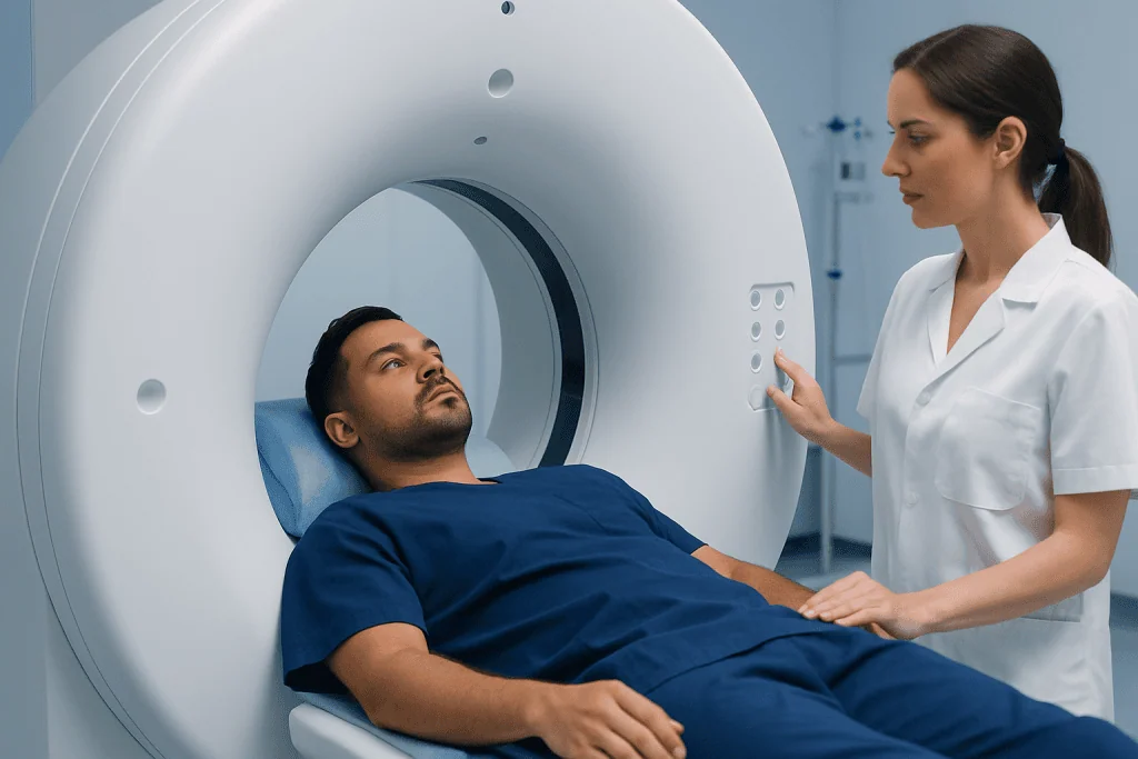 Patient undergoing MRI scan at Acibadem Hospital for advanced medical imaging.