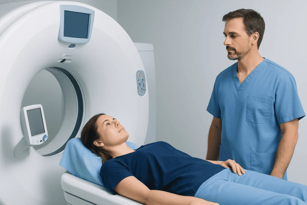 Patient undergoing a CT scan at Acibadem Hospitals Group for advanced medical imaging.