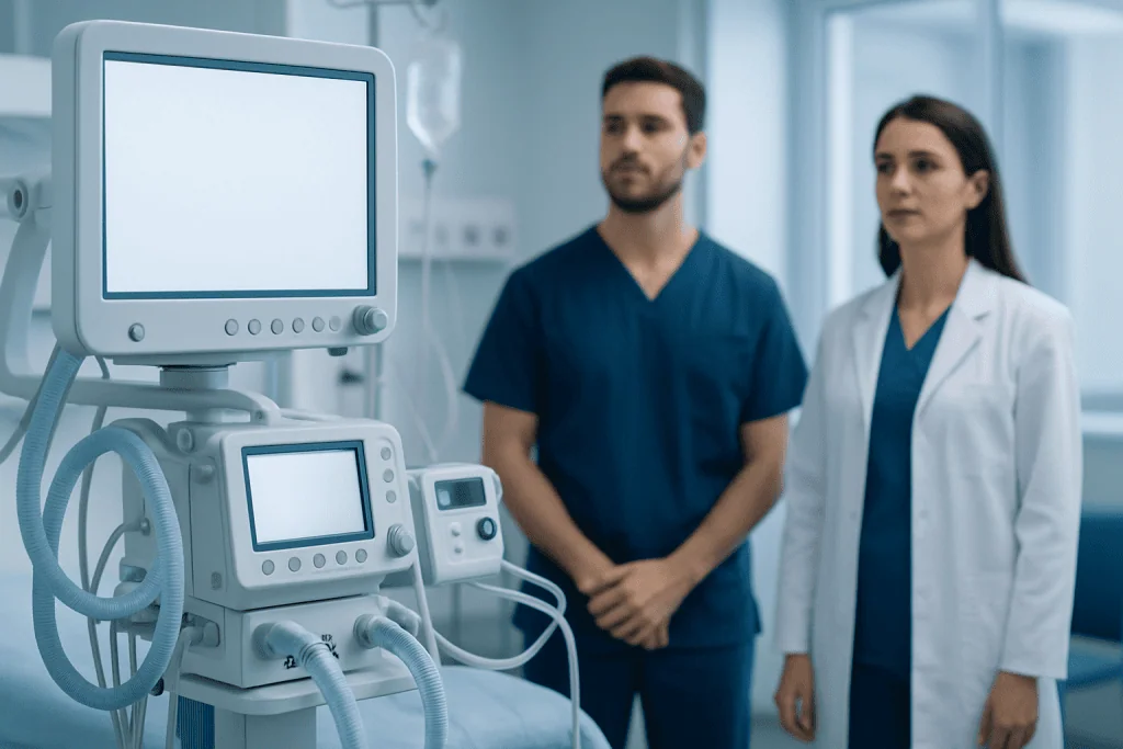 Medical professionals in a hospital room with ventilators and monitors.