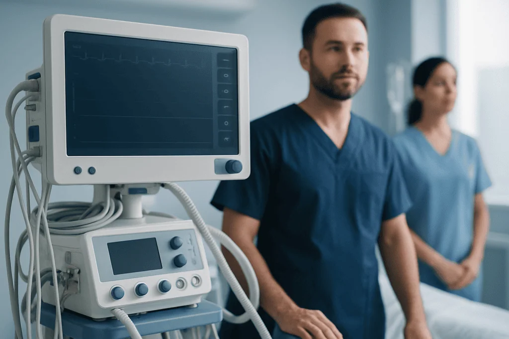 Medical professionals in a hospital with monitoring equipment in the foreground.