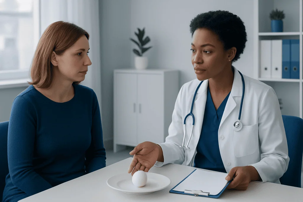 Doctor explaining nutritional advice to a patient in a clinic setting.