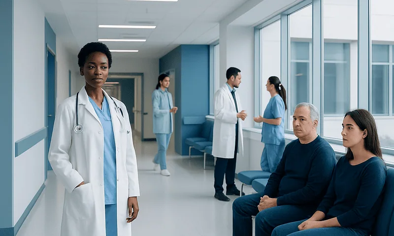 Diverse medical team in hospital corridor with patient seating area.