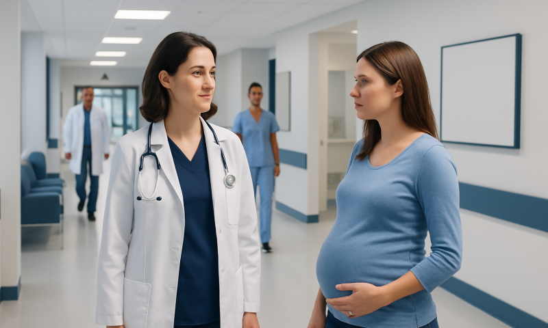 Pregnant woman consulting with a doctor in hospital corridor.