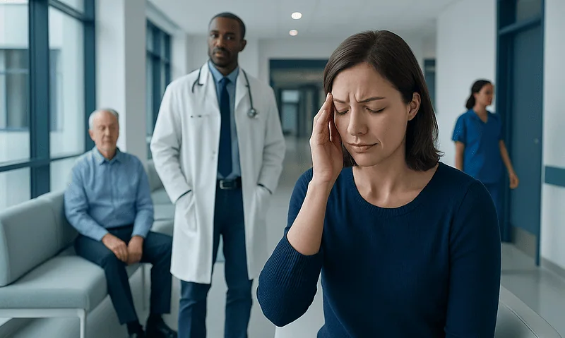 Woman experiencing headache in a hospital corridor with medical staff nearby.