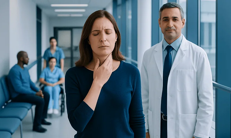 Patient experiencing throat discomfort in hospital waiting area.