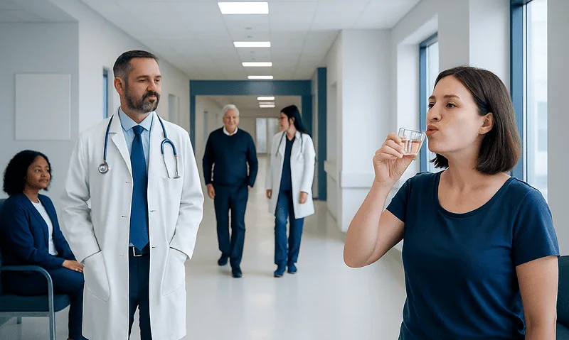 Patient drinking water in hospital corridor with medical staff nearby.
