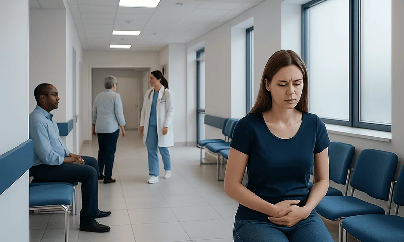 Young woman experiencing abdominal discomfort in a hospital waiting area.