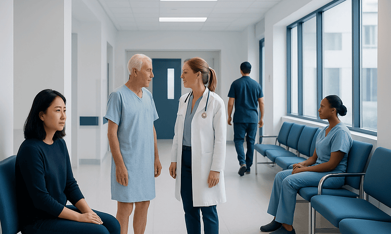Doctors and patients in a hospital corridor engaging in conversation.