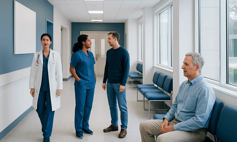 Medical consultation in hospital corridor with healthcare professionals and patient.