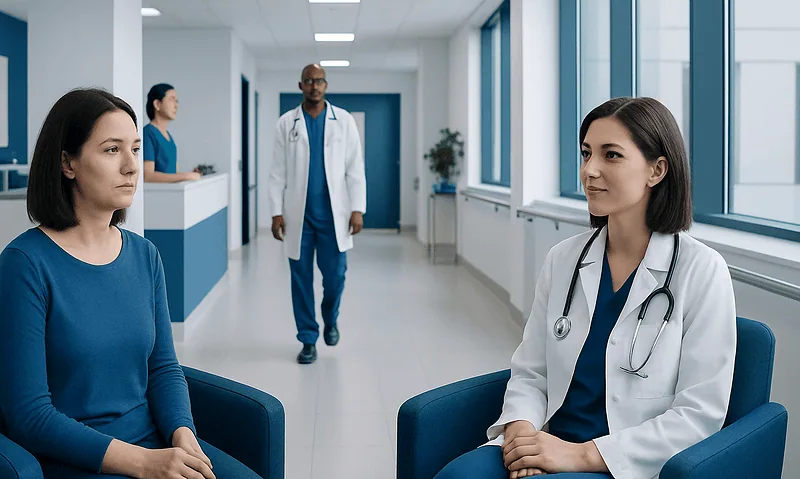 Omega 6: An Evidence-Based Guide for Patients 5 Medical consultation in a hospital corridor with doctors and patient.