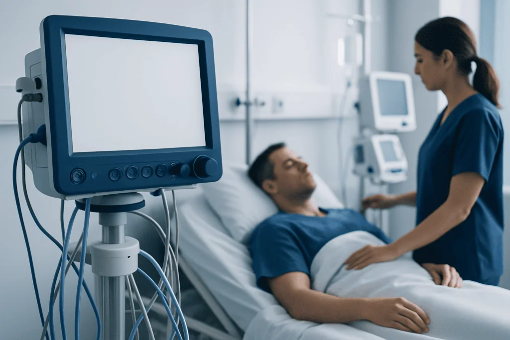 Hospital patient in bed with medical monitor and healthcare professional.