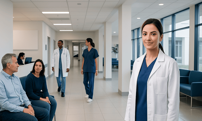 Healthcare professionals and patients in a modern hospital corridor.