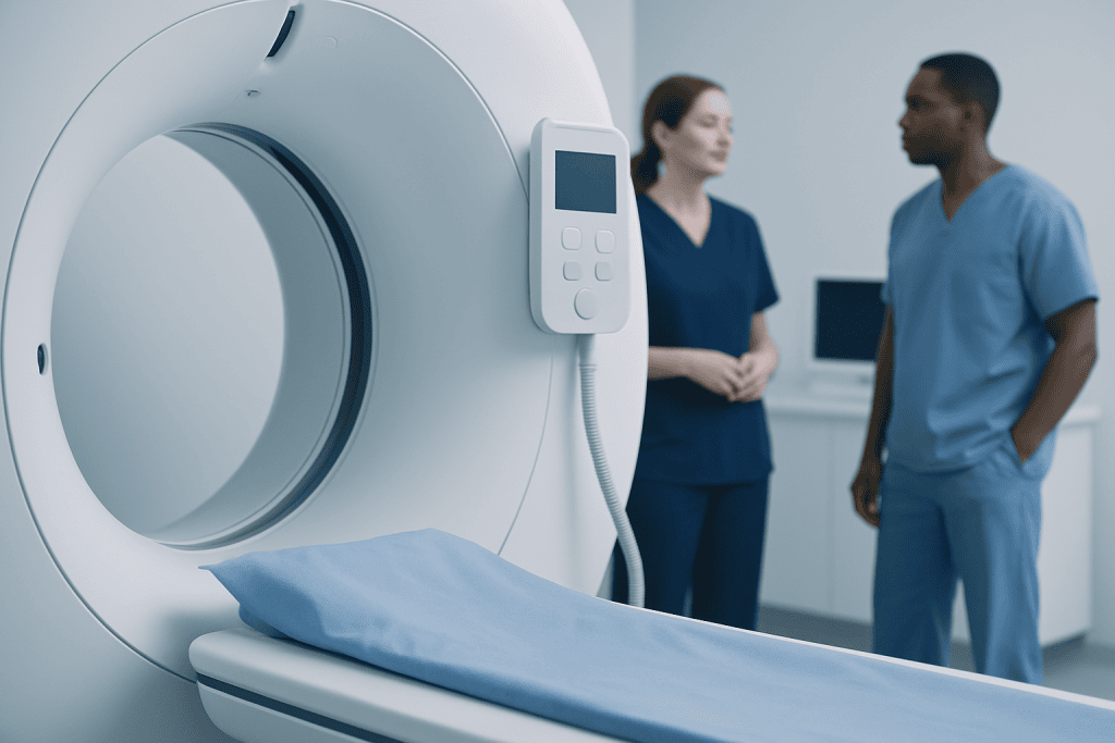 Medical imaging scanner with healthcare professionals in the background.