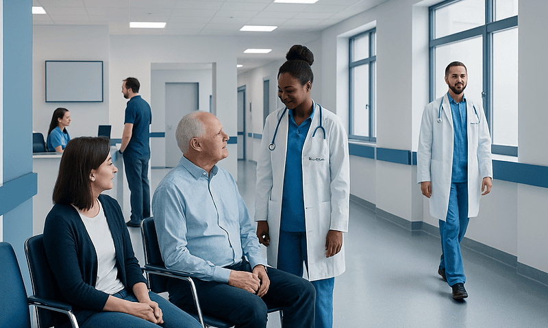 Healthcare professionals and patients in a hospital corridor at Acibadem Hospitals Group.