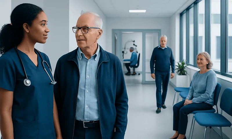 Ophthalmology: A Complete Medical Overview 1 Healthcare professionals and patients in a modern hospital corridor.