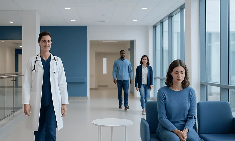 Healthcare professionals and patient in a modern hospital corridor.
