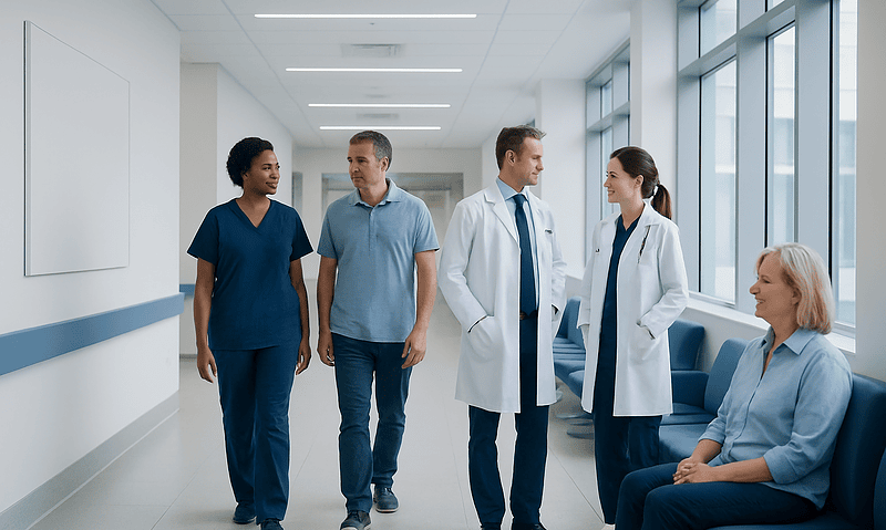Medical team and patient in hospital corridor at Acibadem Hospitals Group.