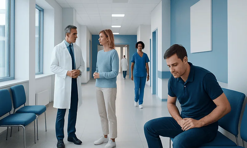 Doctor consulting a female patient in a hospital corridor.
