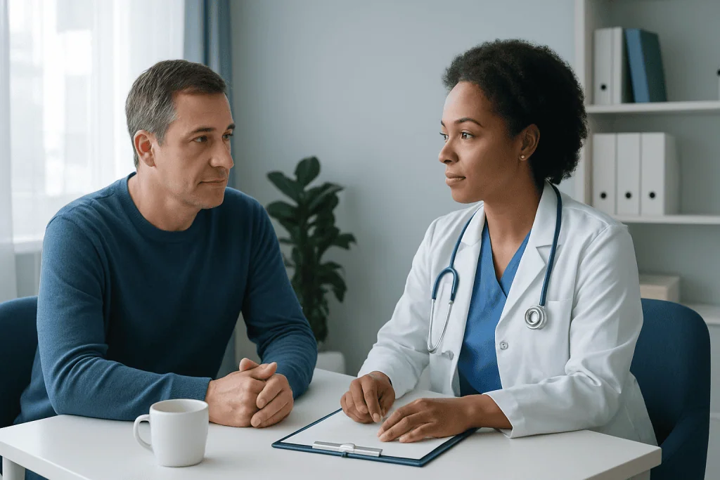 Doctor consulting with male patient in a modern clinic setting.