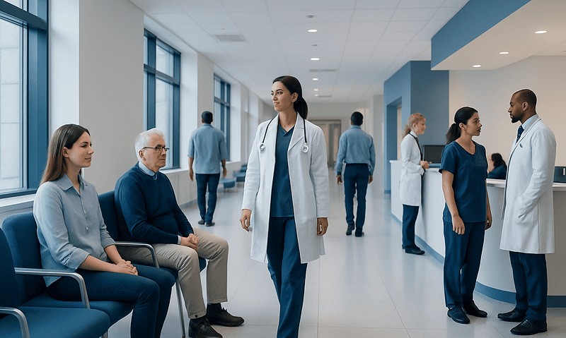 Medical staff and patients in a hospital corridor at Acibadem Hospitals Group.