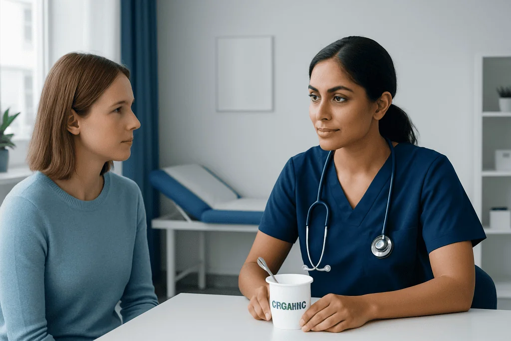 Doctor consulting with a young female patient in a medical office.