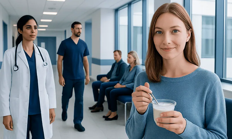 Young woman enjoying yogurt in a hospital corridor with medical staff and patients.