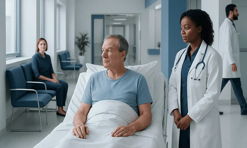 Hospital room with patient and medical staff, healthcare setting.