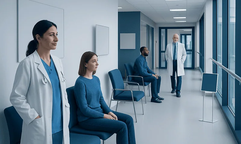 Patients waiting in a hospital corridor with medical staff present.