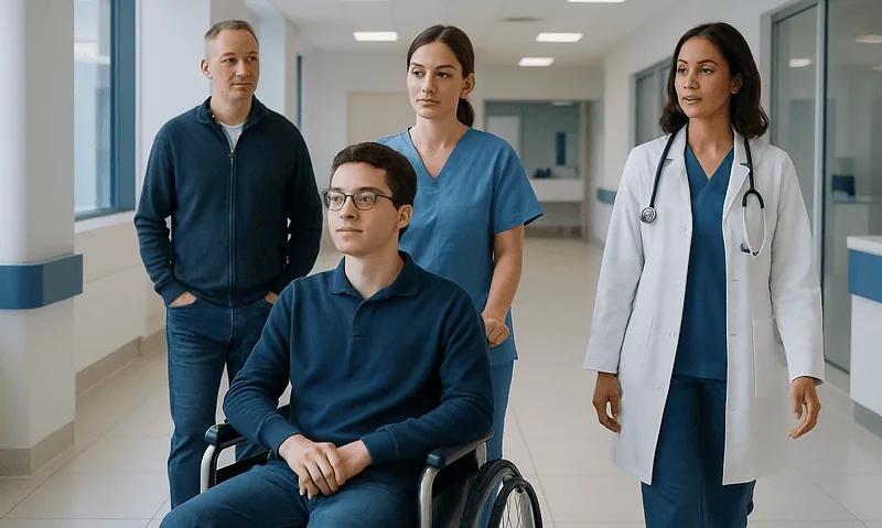 Medical team with patient in wheelchair in hospital corridor.