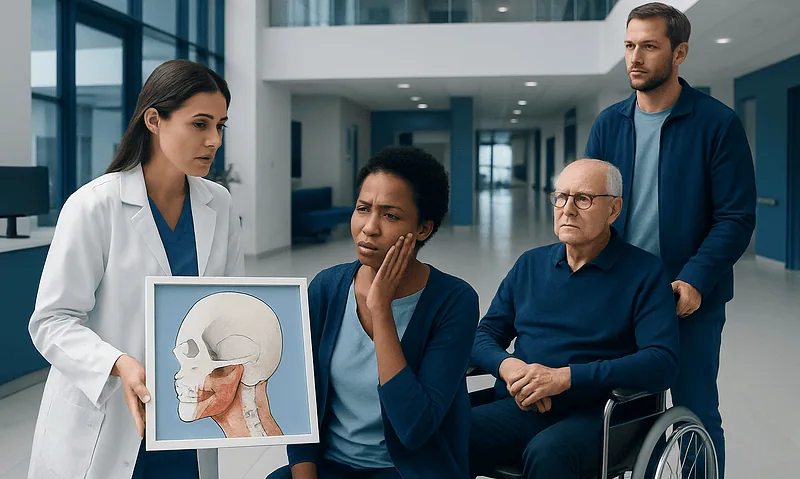 Medical team discussing jaw anatomy with patient in hospital corridor.
