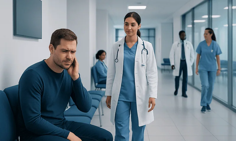 Patient experiencing ear pain in a hospital corridor with medical staff nearby.