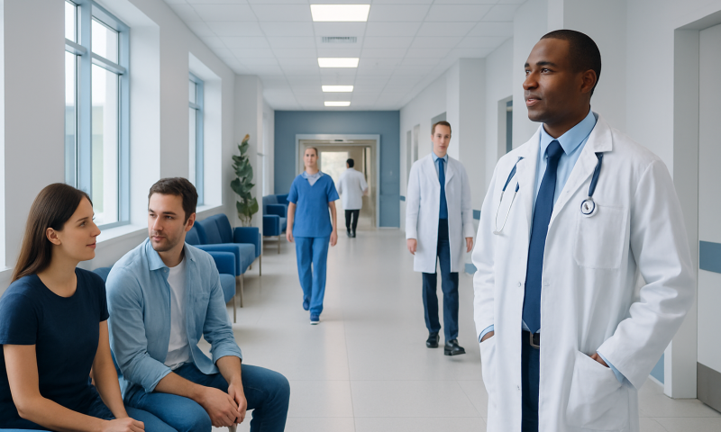 Medical consultation in a hospital corridor with doctors and patients.