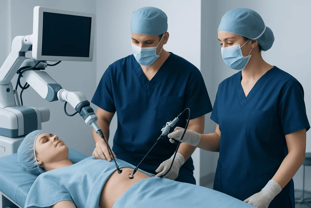 Surgeons perform laparoscopic ovarian cyst removal in a modern hospital operating room.