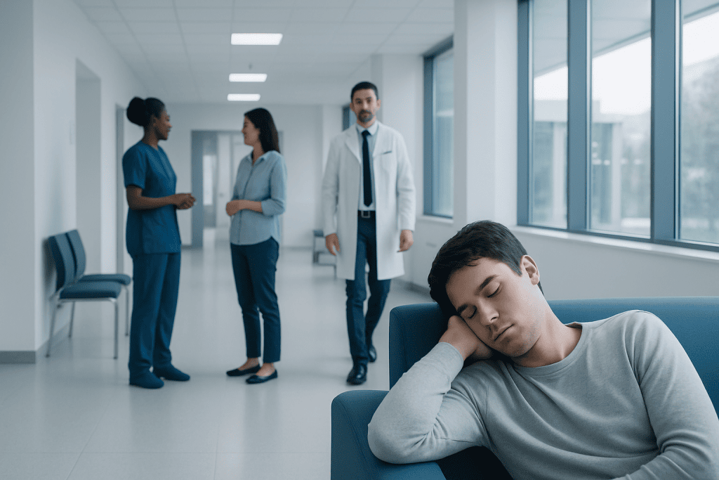 Oversleeping: What Patients Need to Know 1 Young man sleeping in hospital waiting area with medical staff in background.