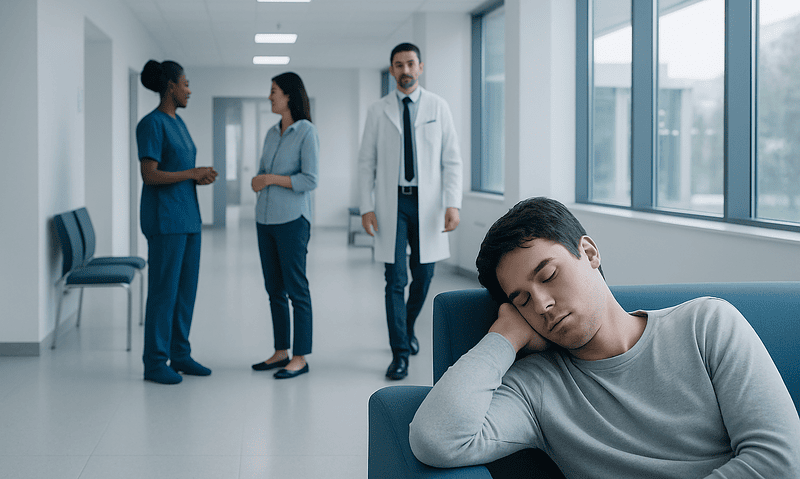 Young man sleeping in hospital waiting area with medical staff in background.