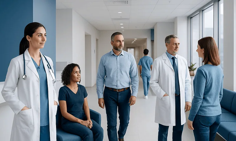 Medical team consulting with a patient in a hospital corridor.