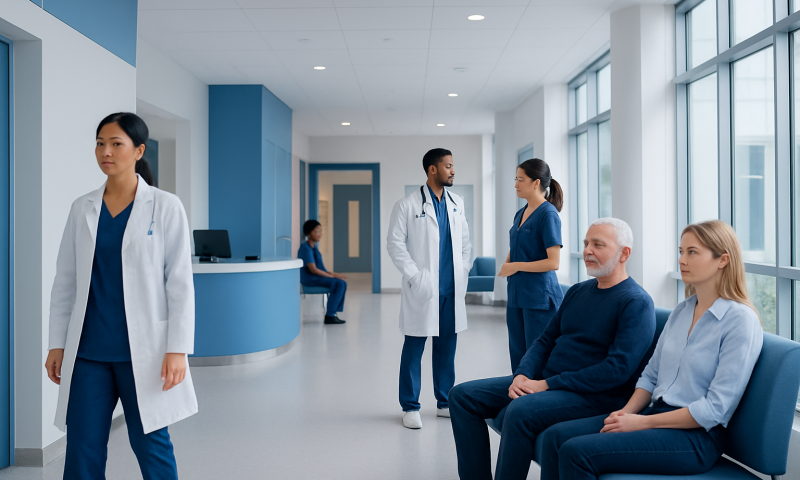 Medical staff and patients in a modern hospital corridor at Acibadem Hospitals Group.