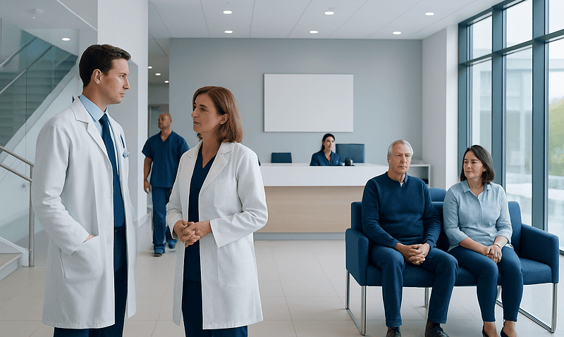 Doctors consulting with patients in a modern hospital lobby.