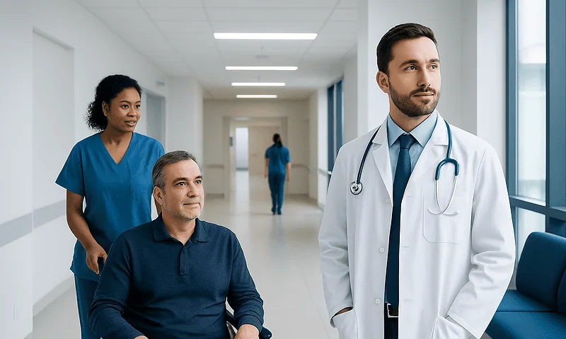 Doctor with patients in hospital corridor, healthcare setting.