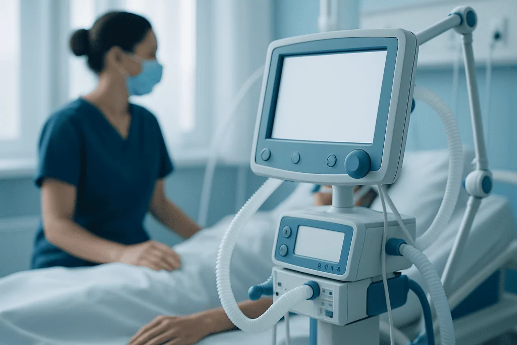 Hospital nurse with ventilator in patient room at Acibadem Hospitals Group.