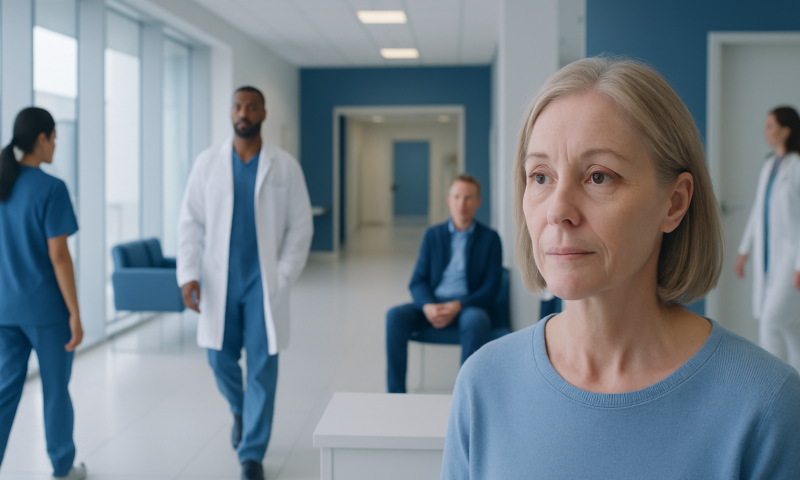 Elderly woman in hospital waiting area with medical staff in background.